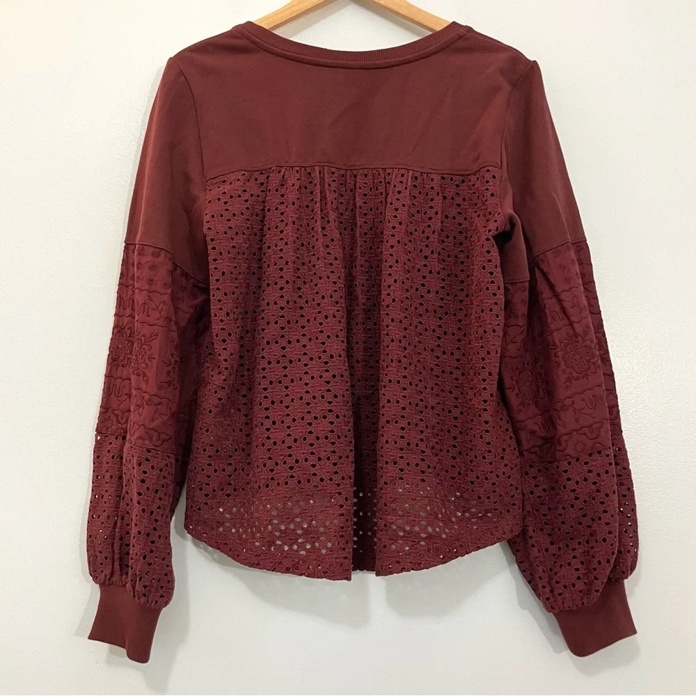 Anthropologie Plum Wine Eyelet Lace Puffy Sleeves Oversized Top Size S